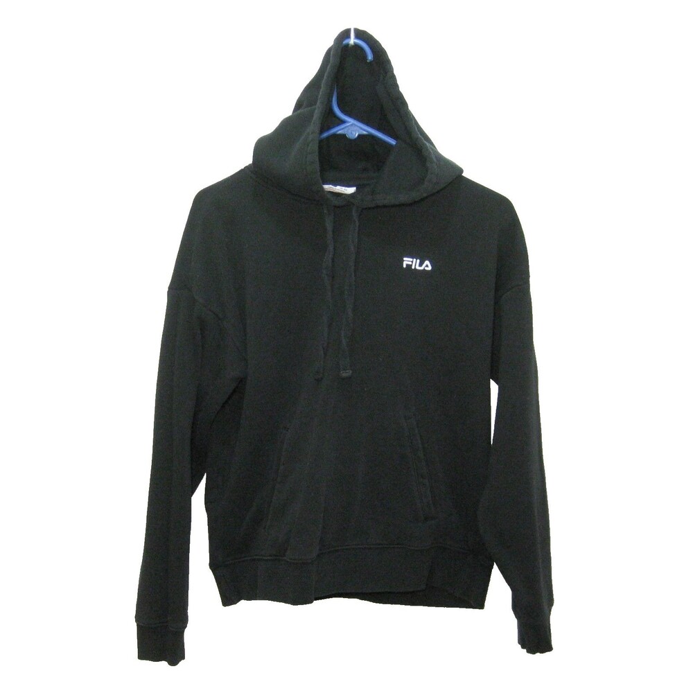 FILA Black Hoodie Womens Athletic Hooded Sweatshirt Logo Cotton Blend Solid Top